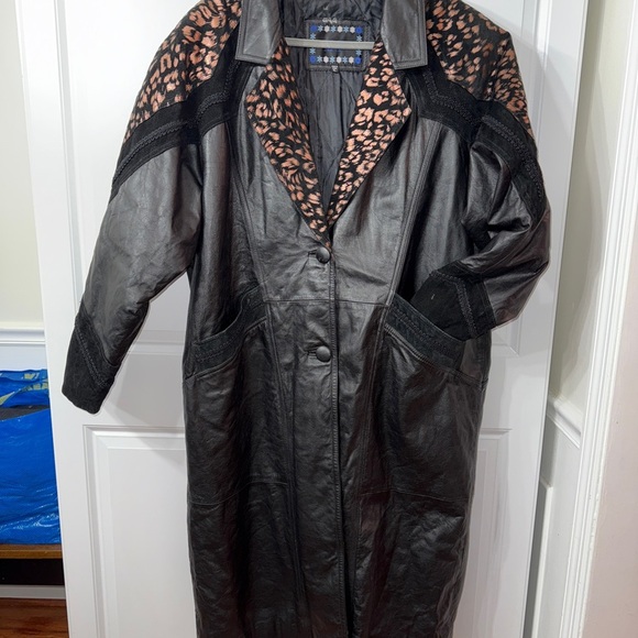 Vintage 80s Middlebrook Park Black Leather Cheetah Leopard Trench Jacket XL - Picture 7 of 9